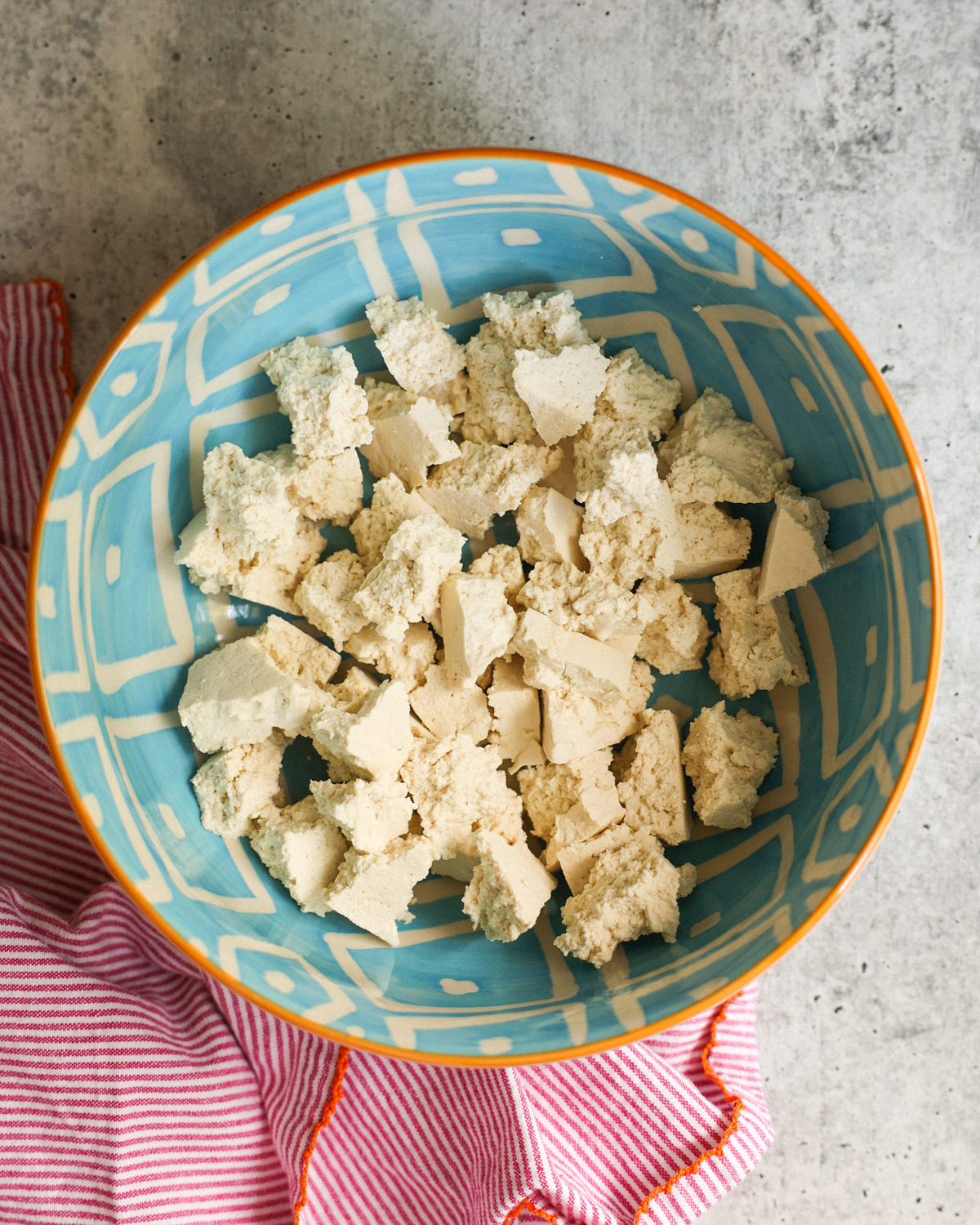 overhead tofu pieces in a bowl