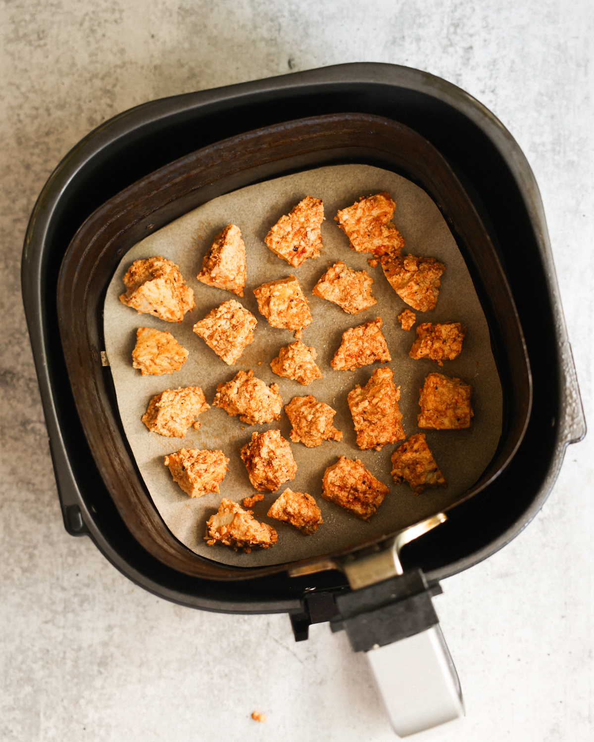 overhead tofu nuggets in air fryer