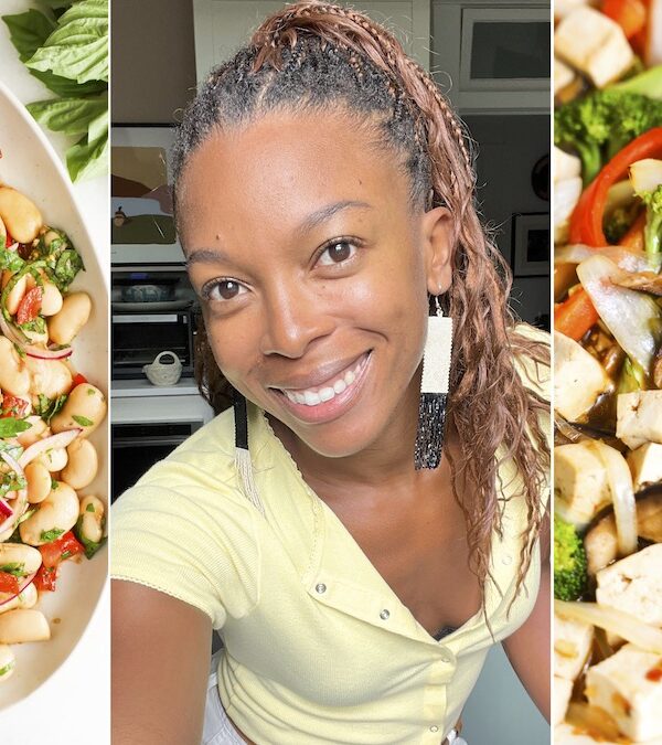 Selfie of Jenné in kitchen with photos of recipes on either side