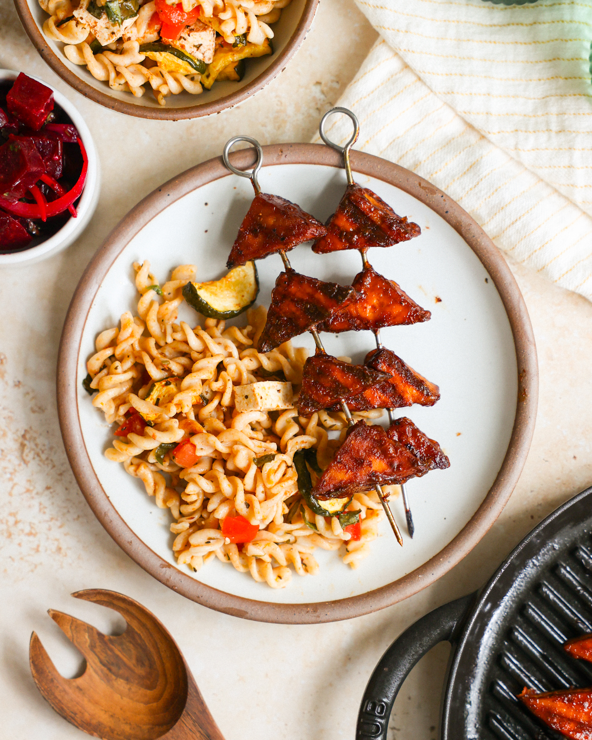 overhead bbq with pasta salad