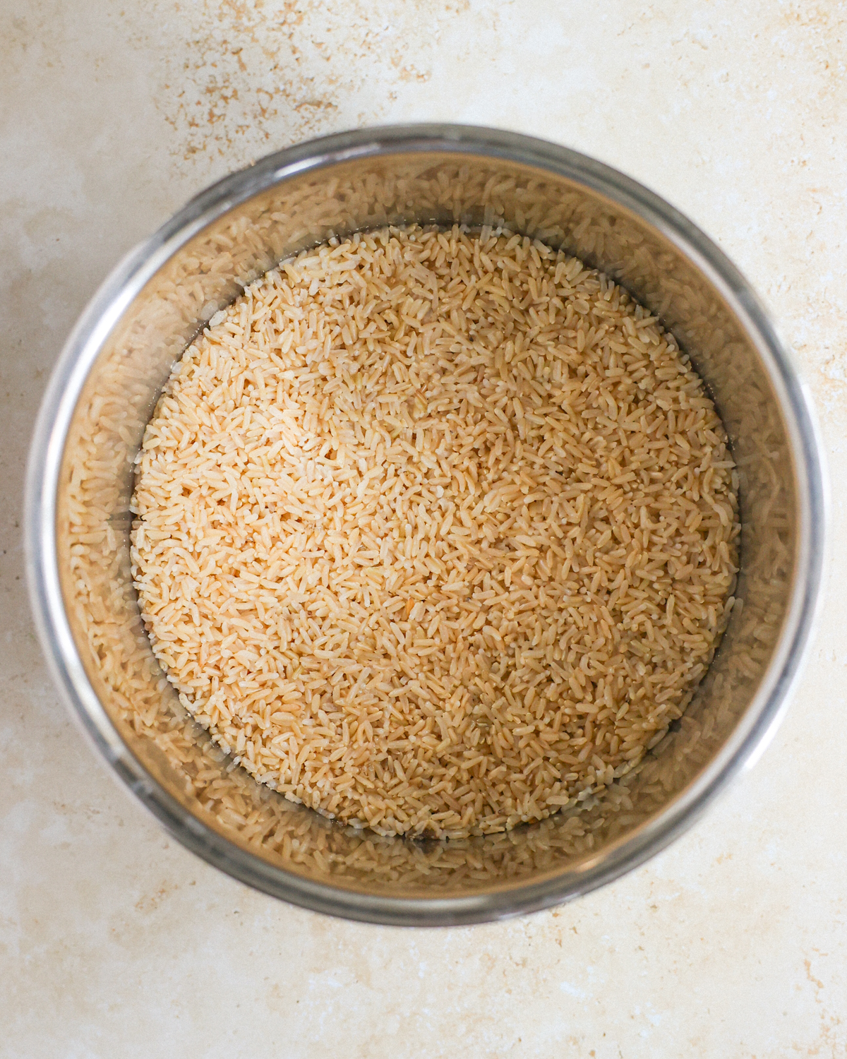 overhead of pressure cooked rice in pot