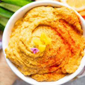 close up of sweet potato hummus