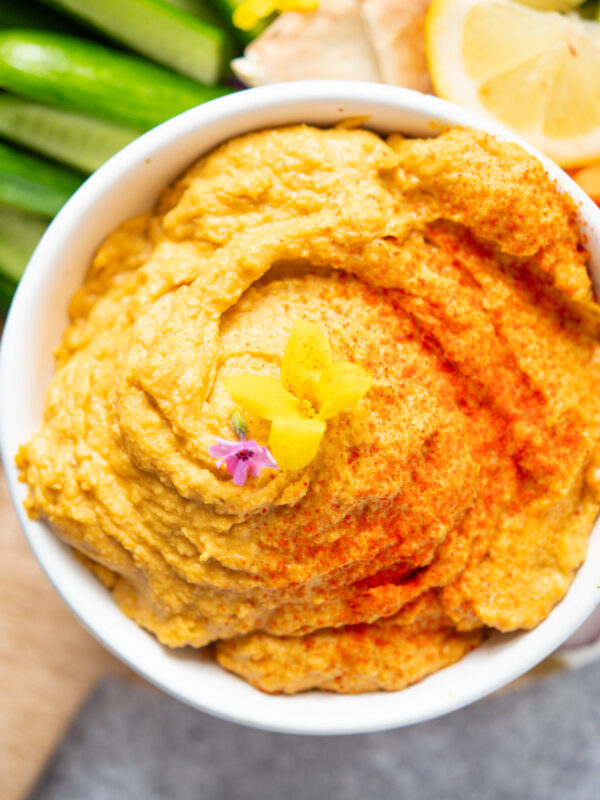 close up of sweet potato hummus