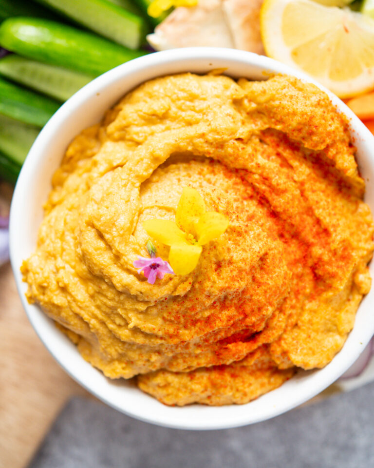 close up of sweet potato hummus