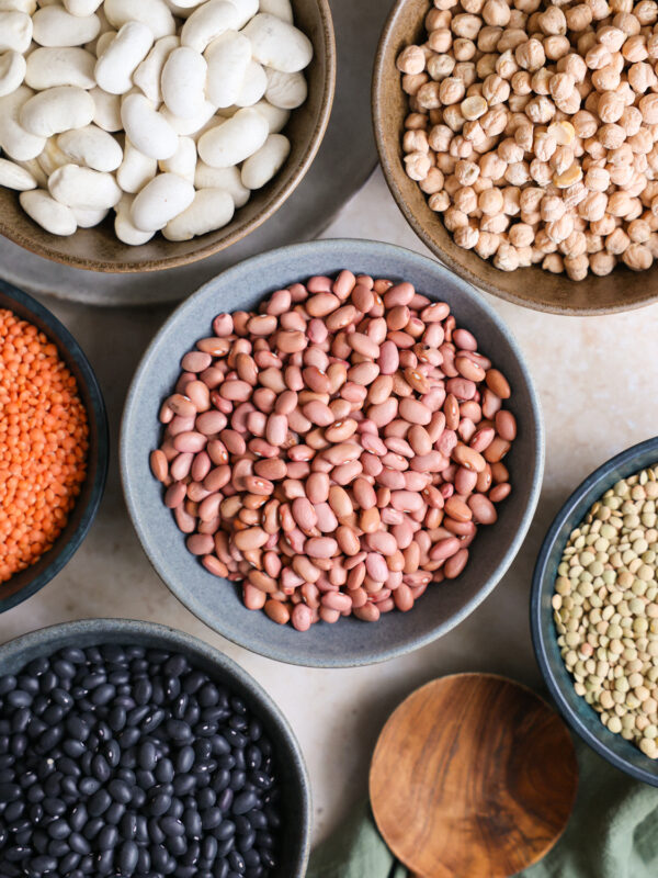 overhead of dried beans in bowls