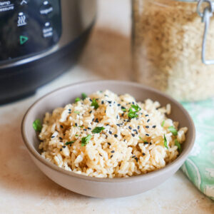 brown rice in a bowl on counter