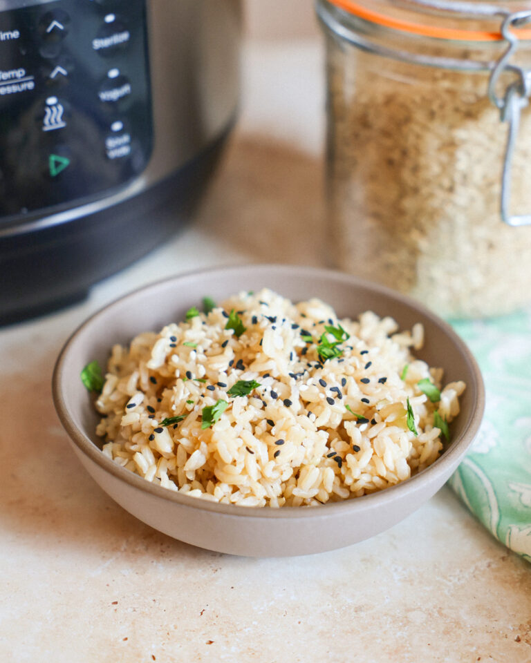 brown rice in a bowl on counter