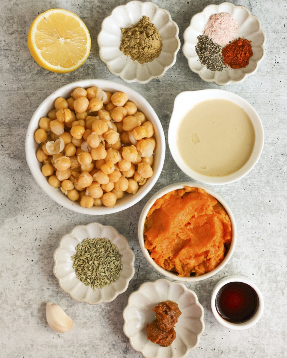 overhead of sweet potato hummus ingredients