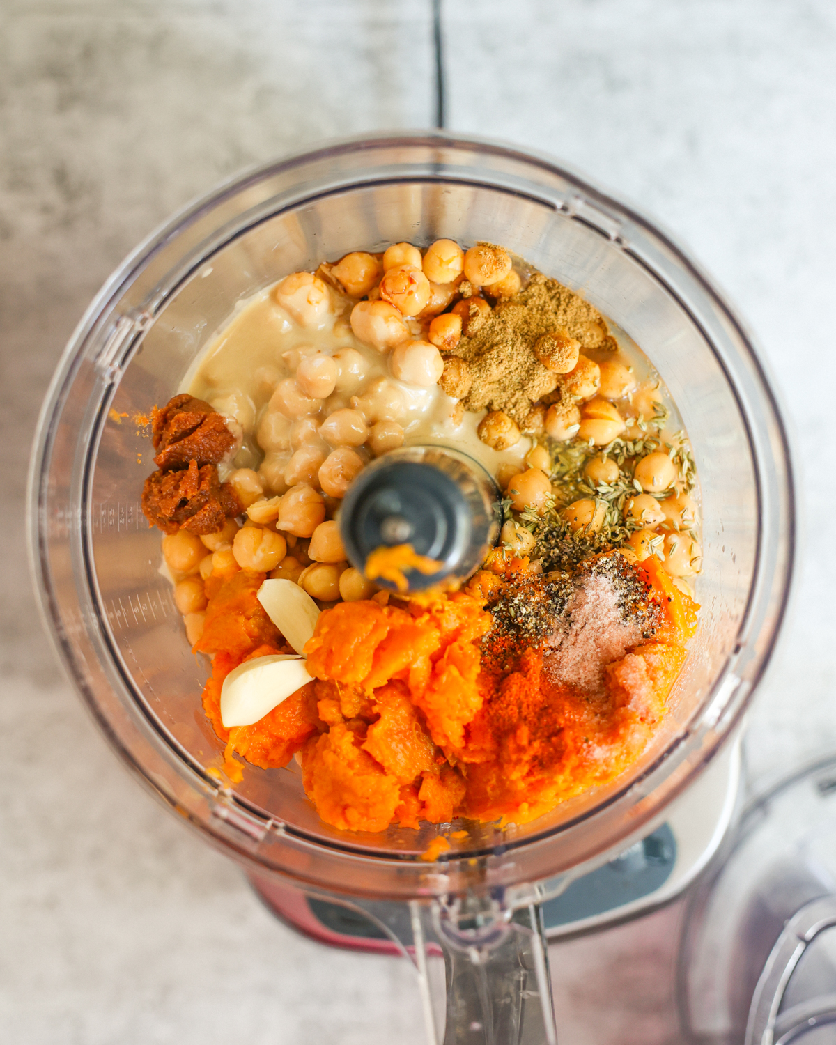 overhead of sweet potato hummus ingredients in blender