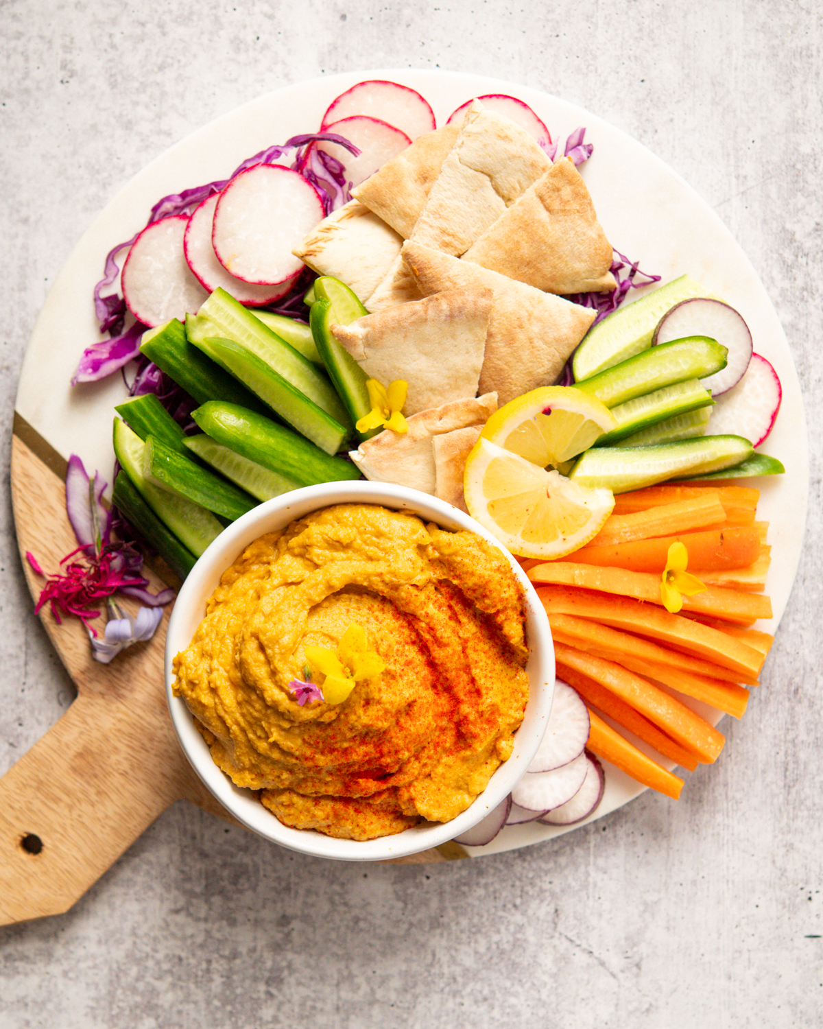 overhead sweet potato hummus platter