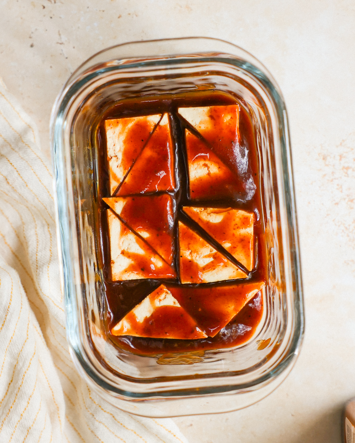 overhead tofu in bbq sauce