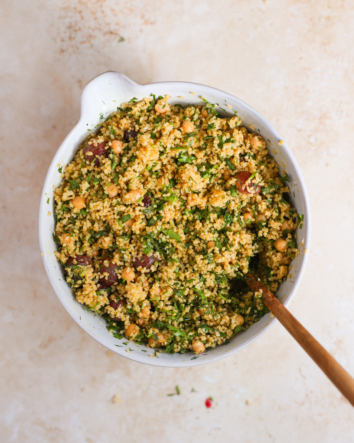 overhead of tossed bulgur salad
