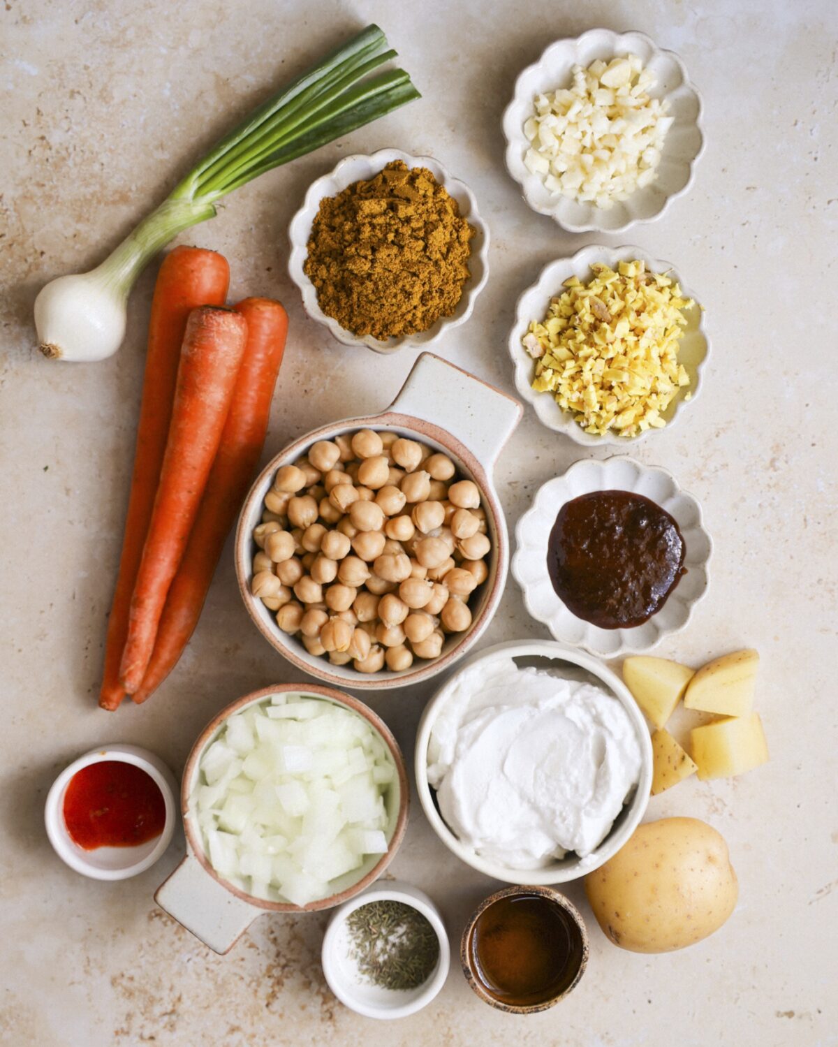 All the ingredients needed to make Jamaican chickpea curry.