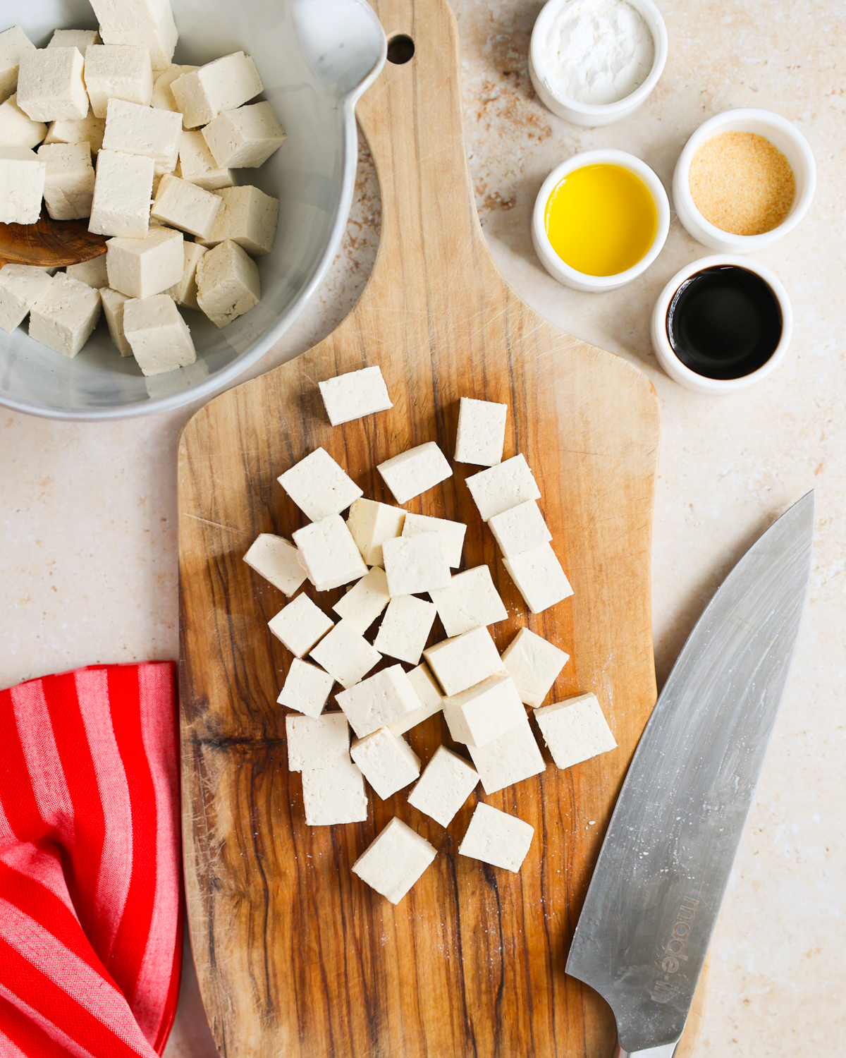 overhead of air fryer tofu ingredients on cutting board