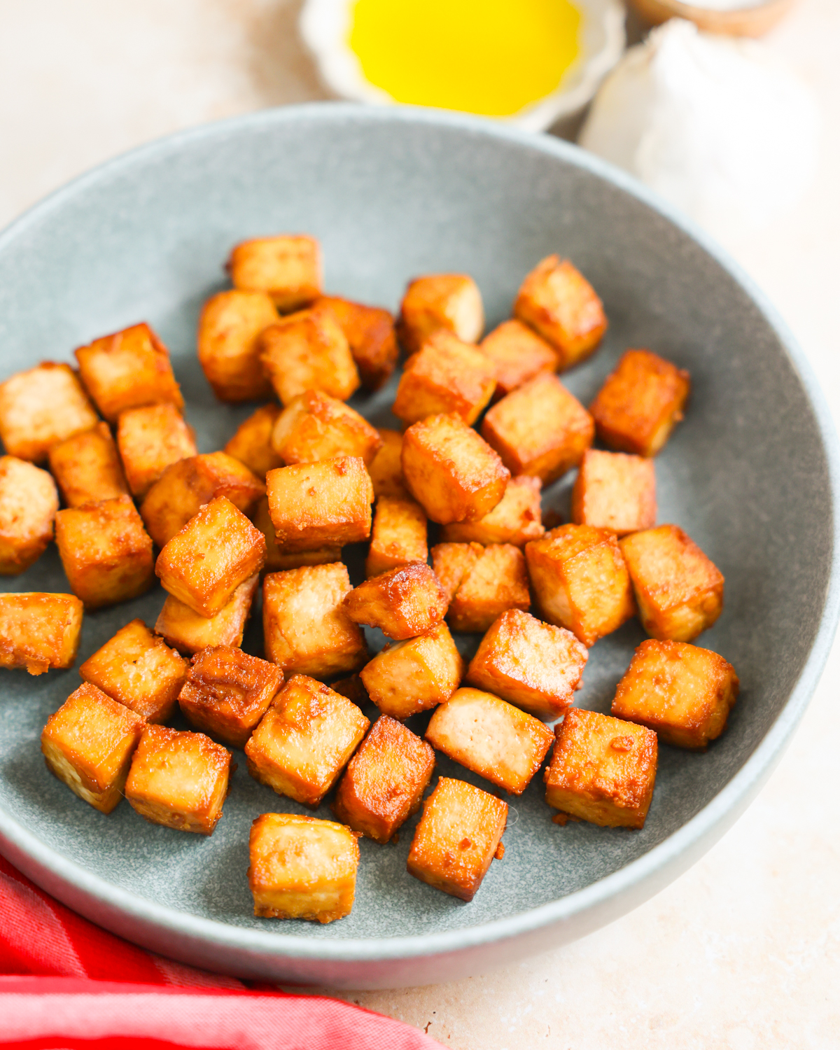 Air fryer tofu on a plate.