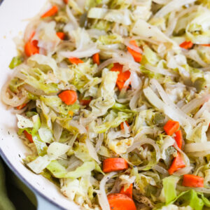 close up of cabbage in skillet