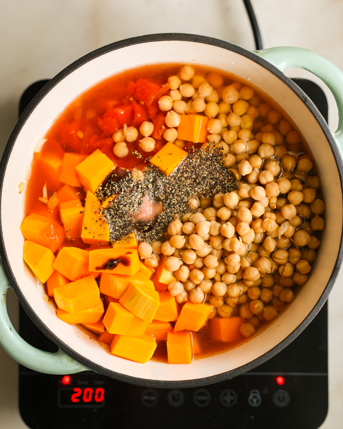 overhead soup ingredients in pot