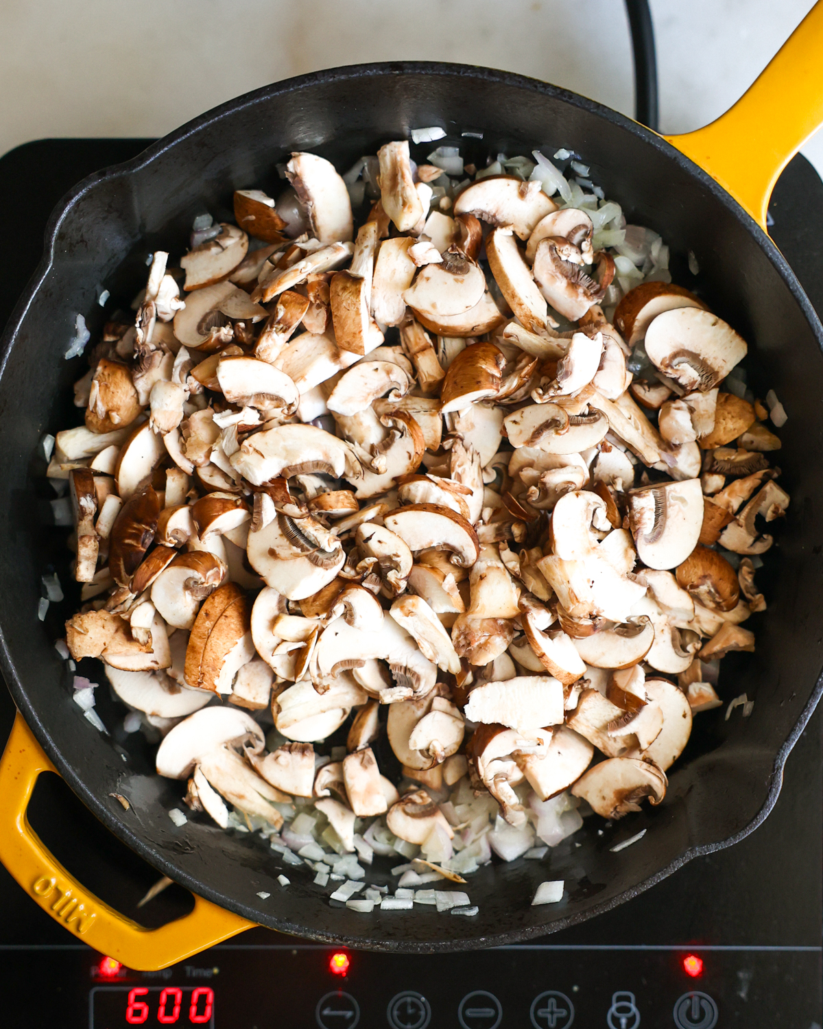 overhead mushrooms in skillet