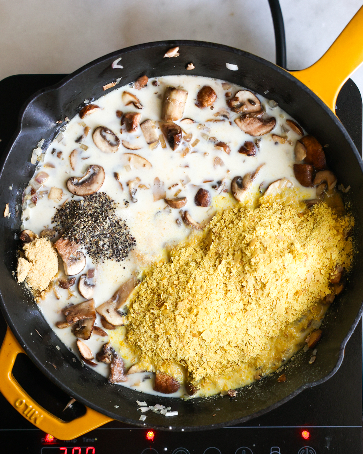 overhead spices added to alfredo sauce