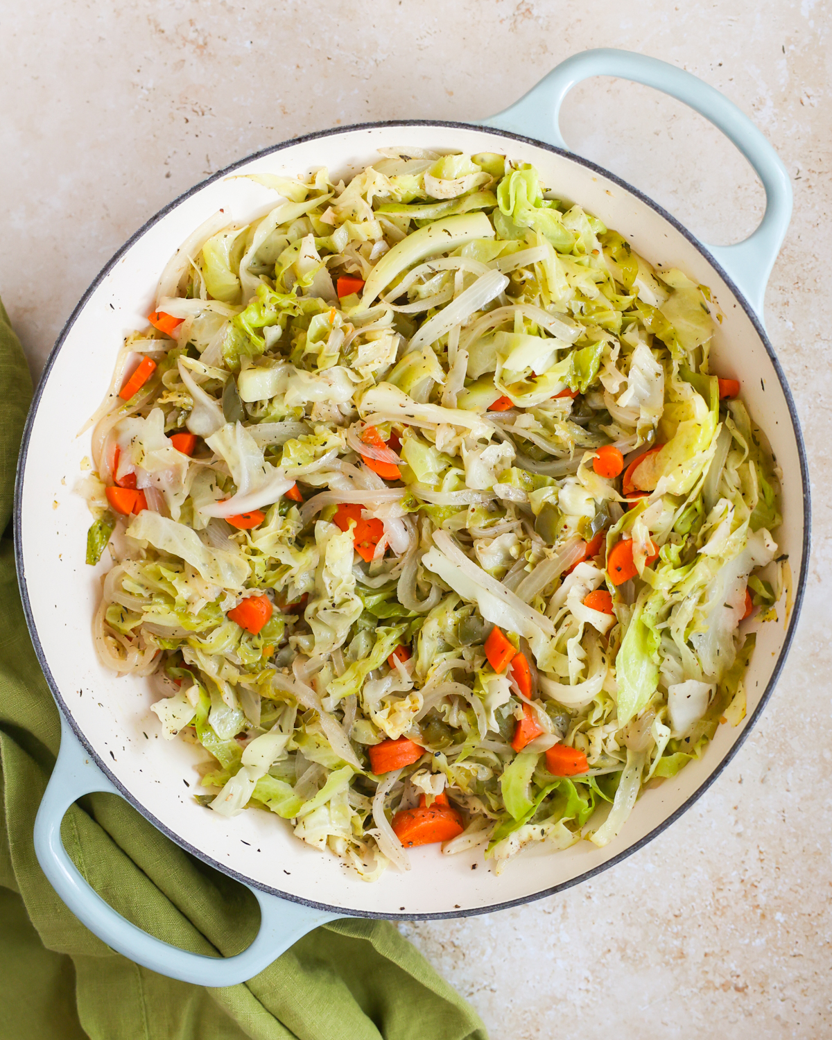 overhead braised cabbage in skillet