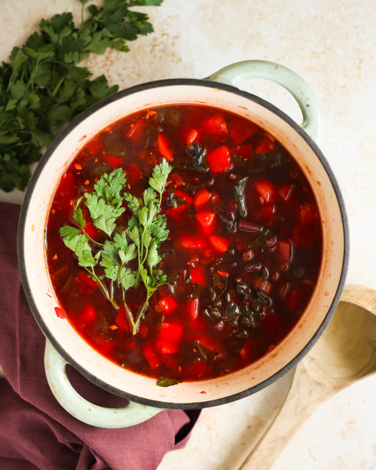 Beet & Sweet Potato Soup in a pot.