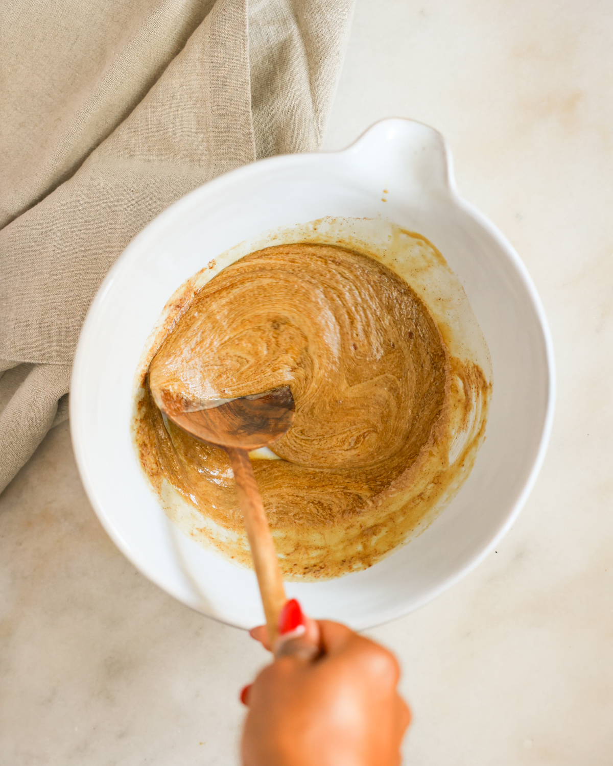 overhead stirring tahini mixture