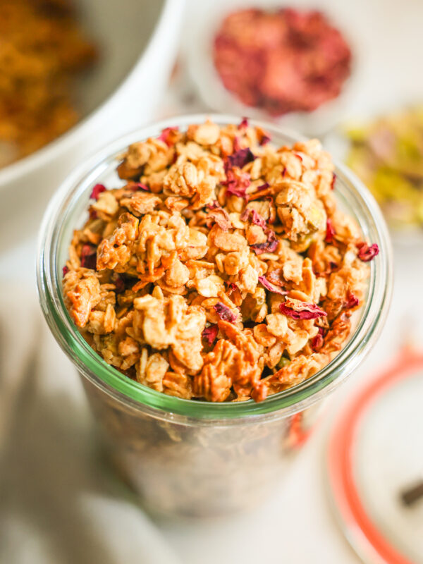 tahini granola in glass jar