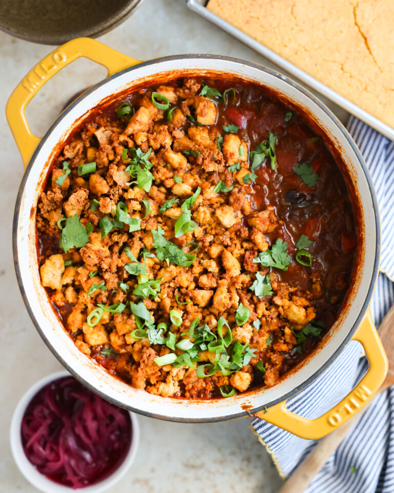 overhead of tofu chili