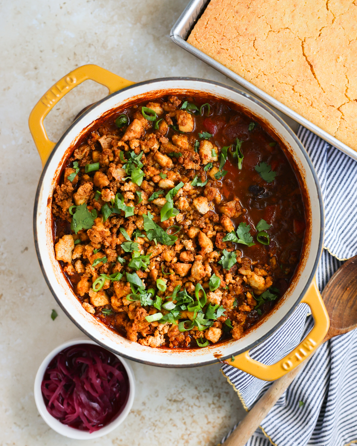 overhead finished tofu chili