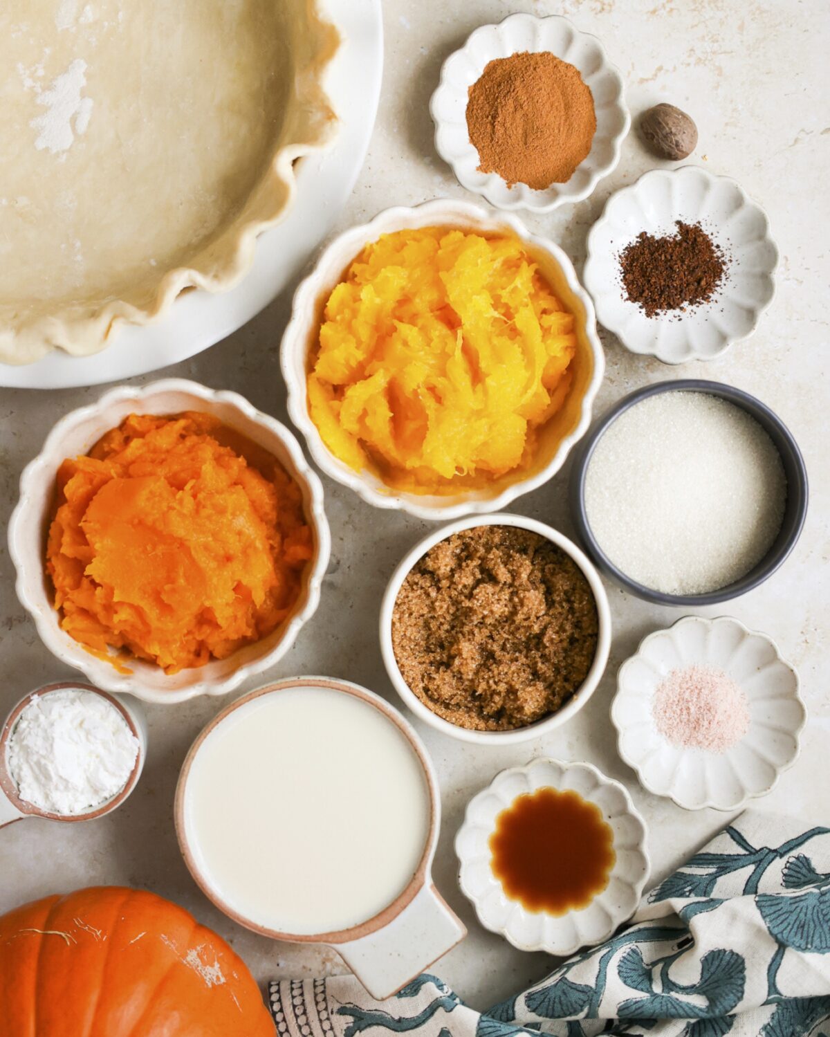 overhead of pumpkin pie ingredients