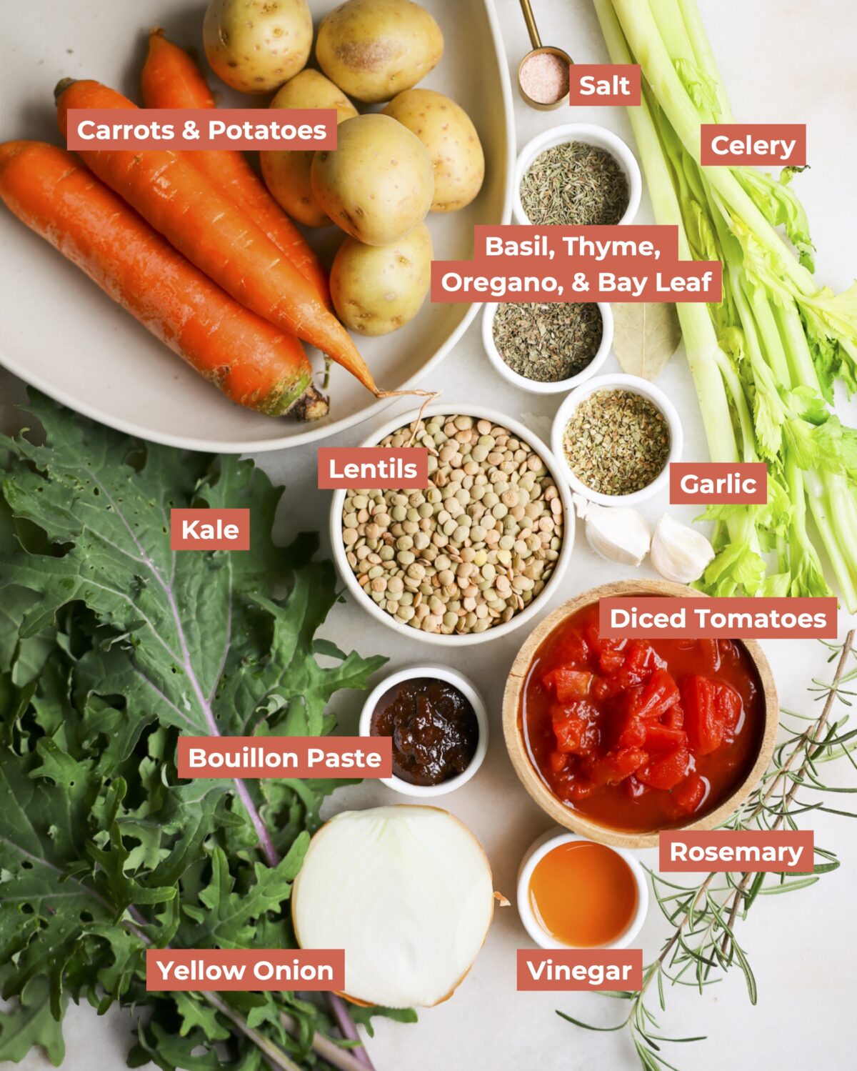 labeled ingredients for lentil soup