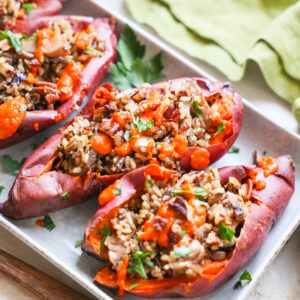 close up of stuffed sweet potatoes