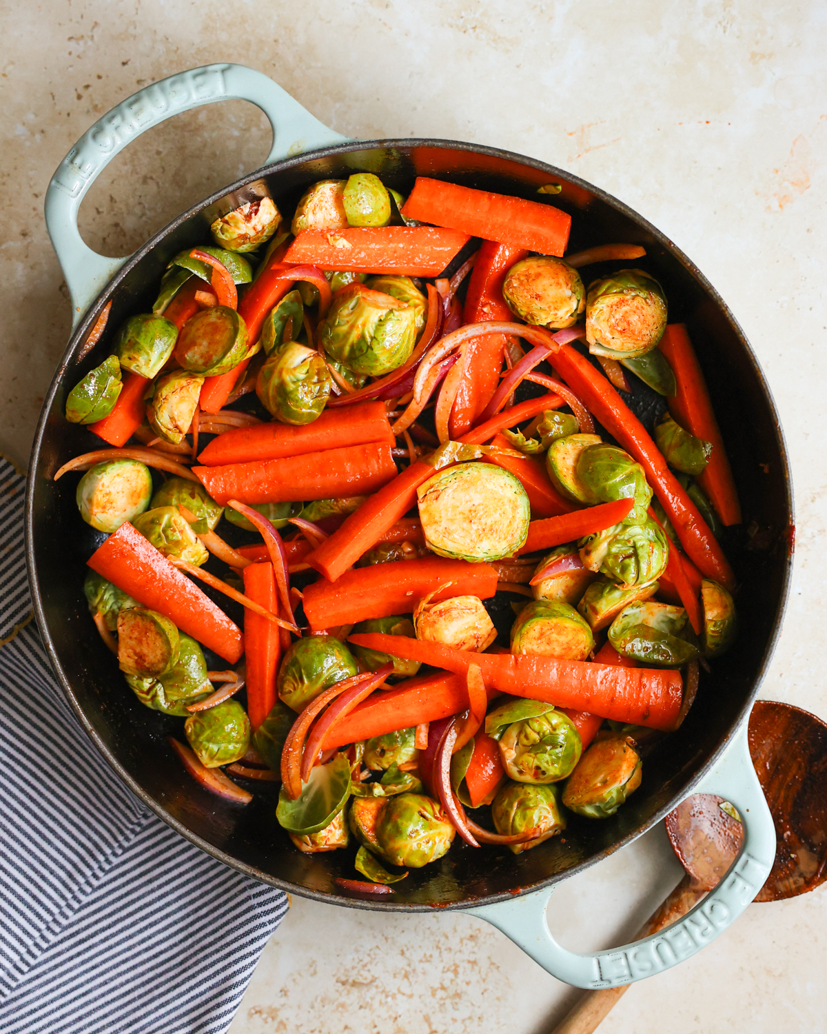 overhead raw veggies in skillet