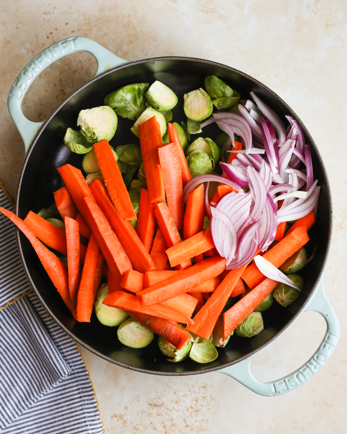 overhead chopped veggies in skillet