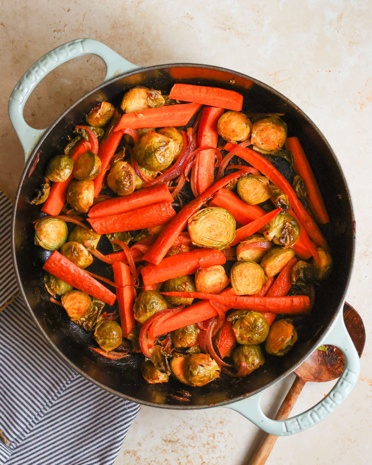 overhead roasted brussels and carrots