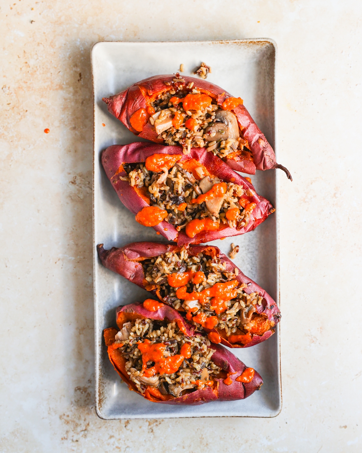 overhead stuffed potatoes on platter