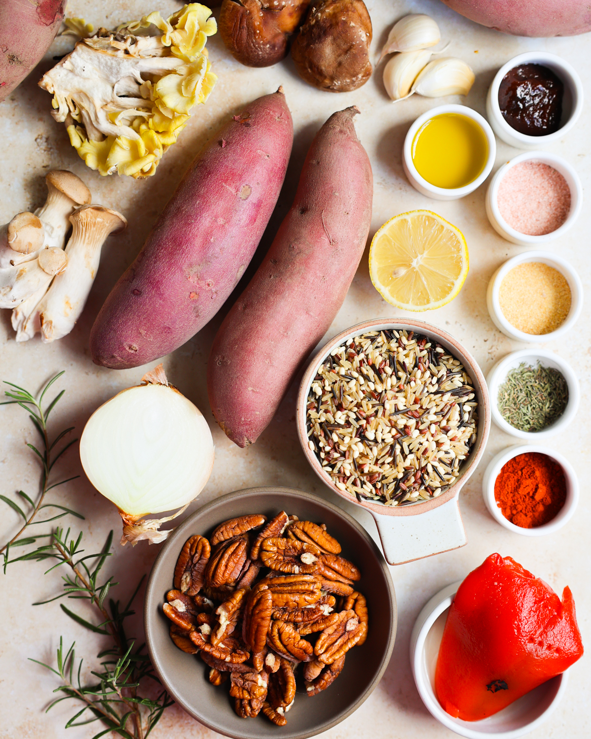 overhead of stuffed sweet potatoes ingredients