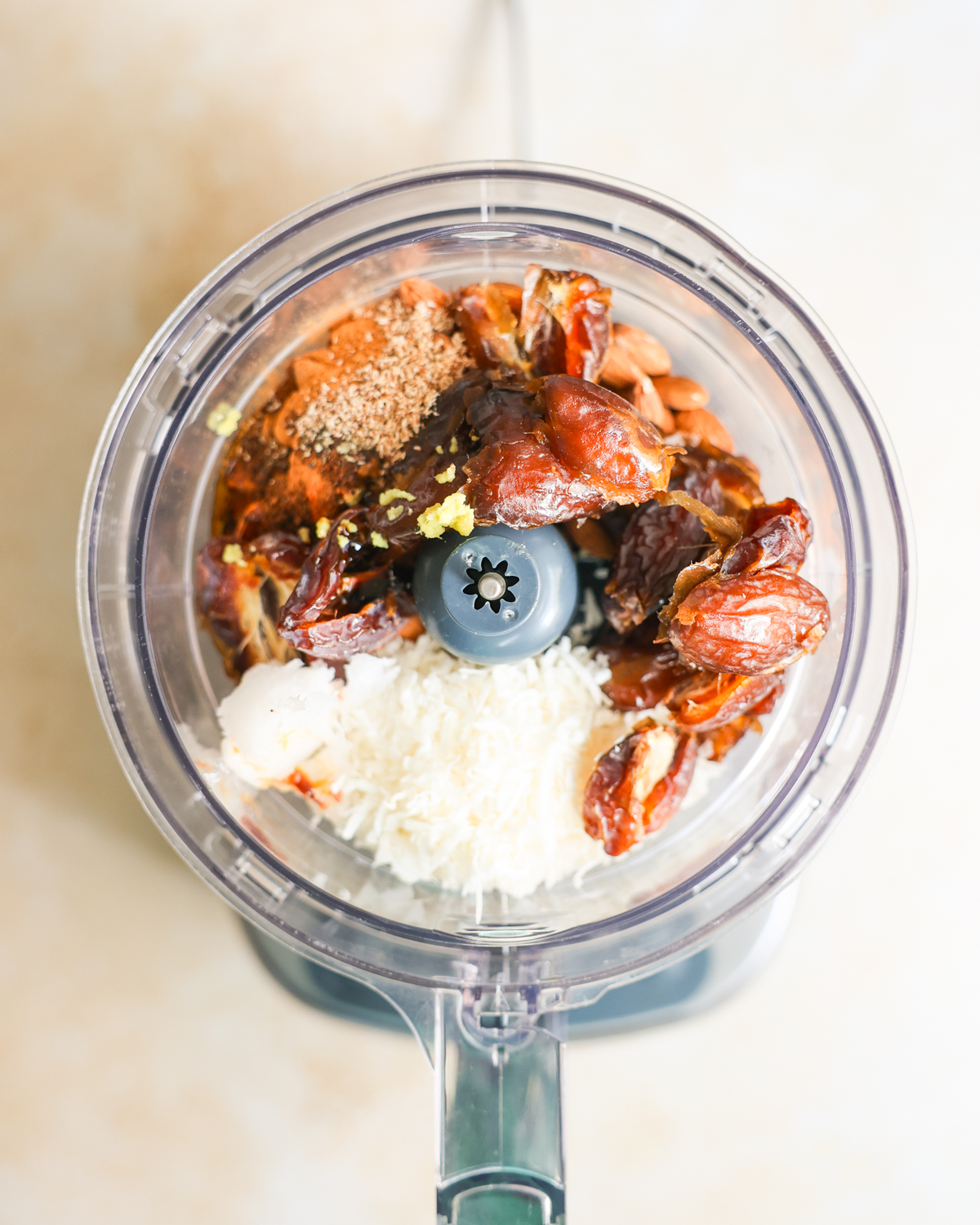 overhead of gingerbread crust ingredients in blender