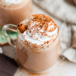 overhead vegan hot chocolate in clear mug