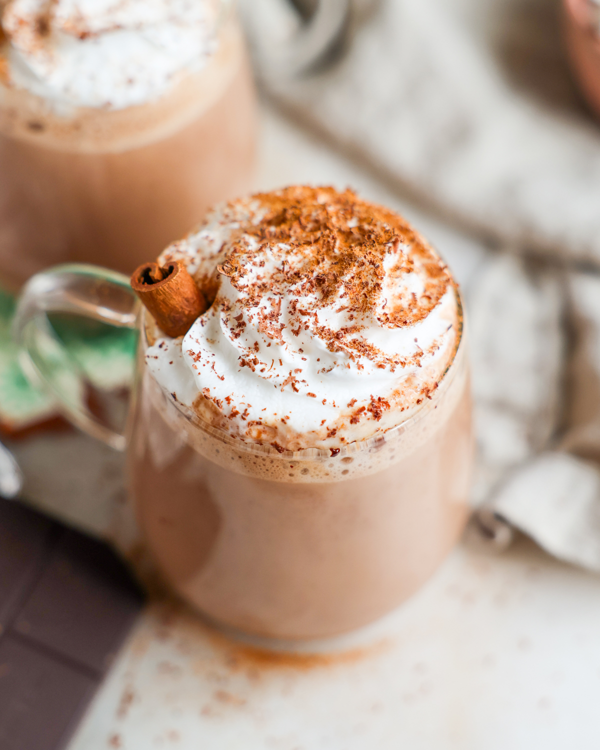 overhead vegan hot chocolate in clear mug