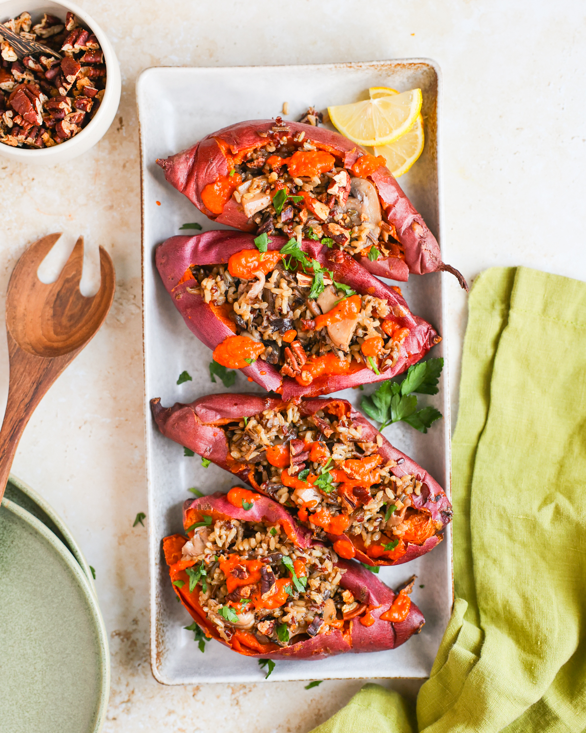 overhead sweet potatoes on platter