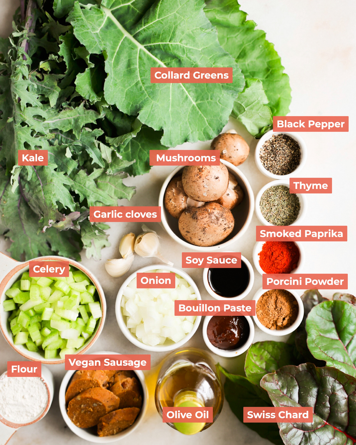 labeled ingredients for green gumbo