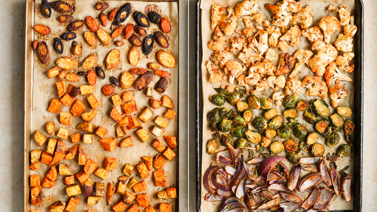 Roasted veggies on baking sheets.