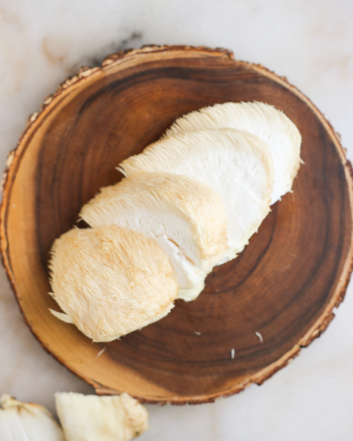 Sliced Lions Mane mushrooms. 