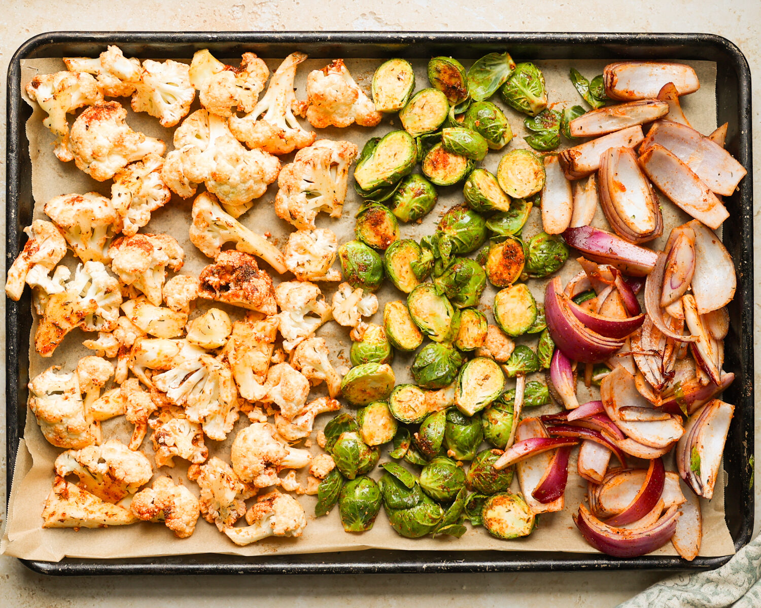 Veggies on a baking sheet.