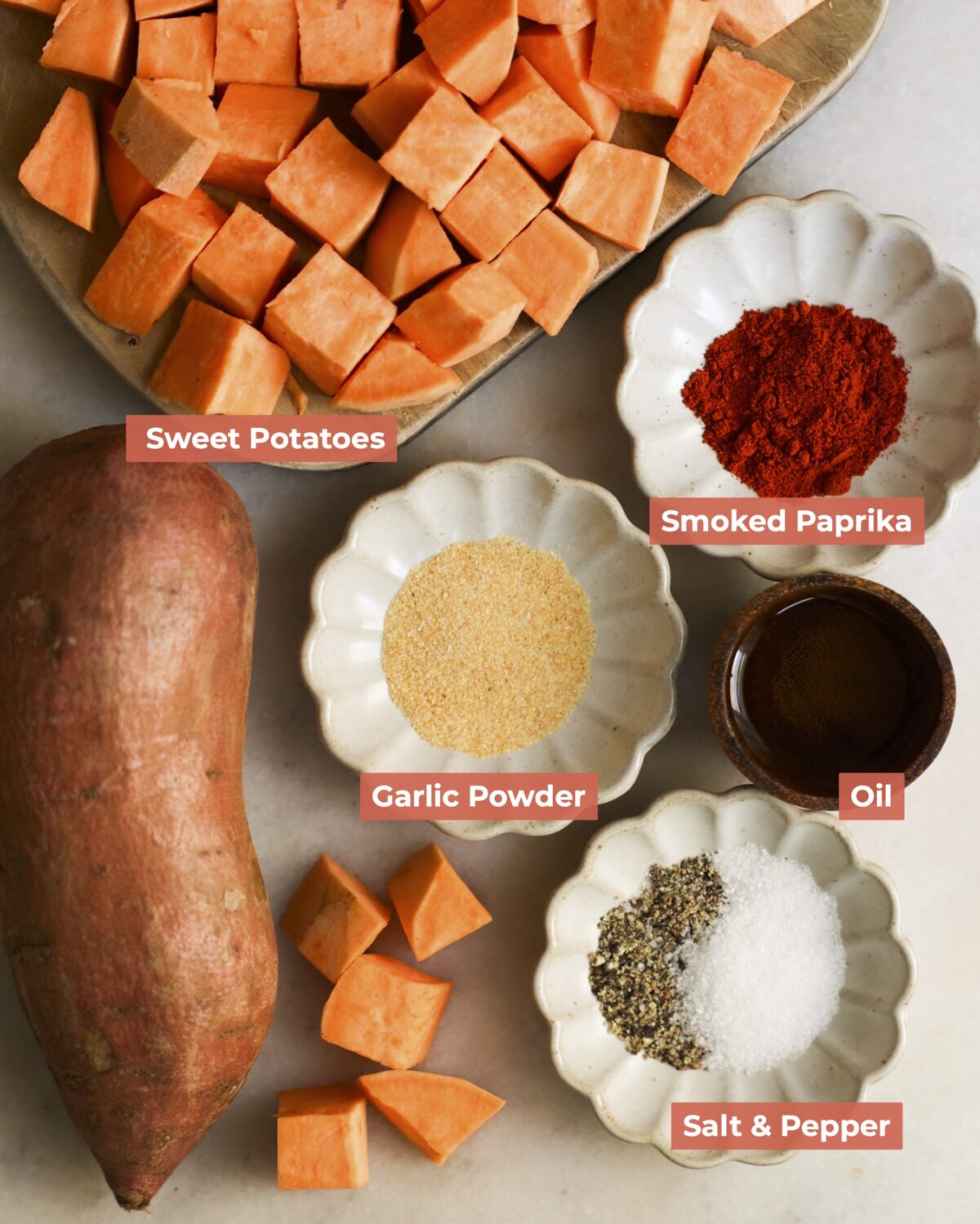 Labeled ingredients for roasted sweet potatoes.