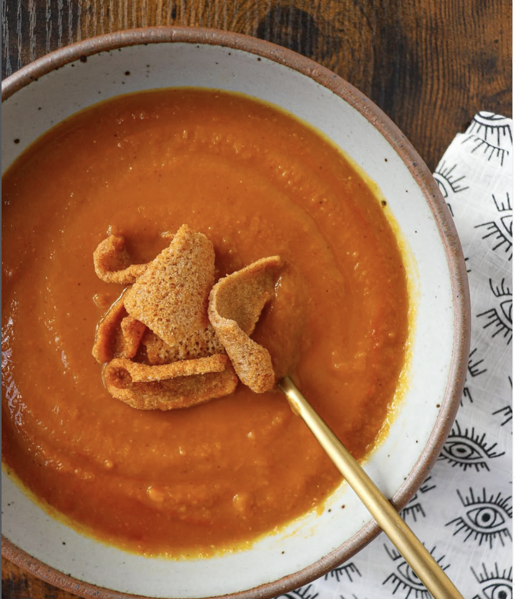 Kabocha squash soup in a bowl.