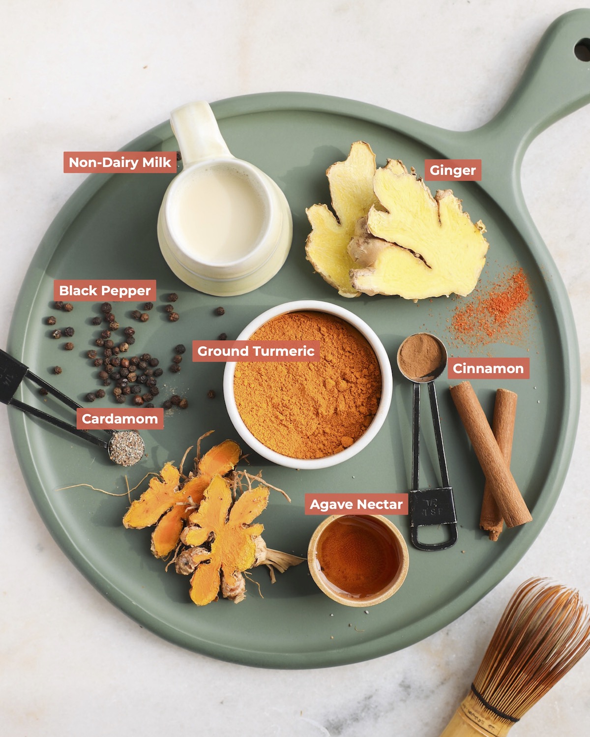 Turmeric latte ingredients on tray. 