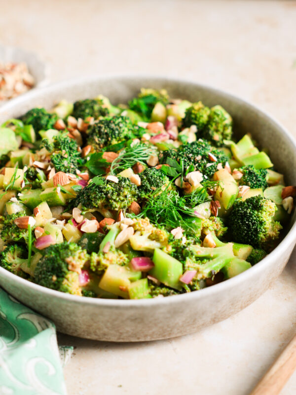 Easy broccoli salad in a serving bowl.