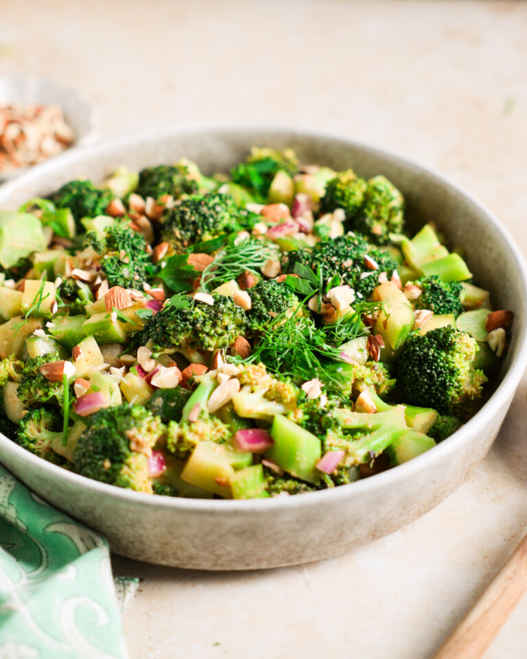 Easy broccoli salad in a serving bowl.